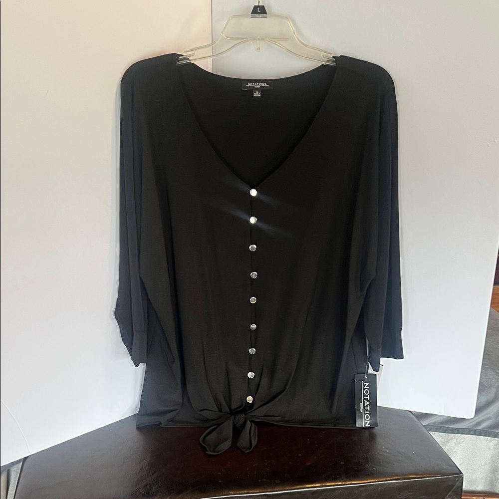 Notations Black Button-Front Tie Hem V-Neck Blouse